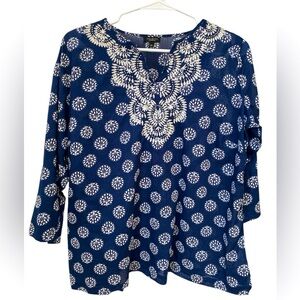 Talbots Embroidered Floral Tunic Top Womens Xp Peasant Top Beaded Navy Blue Boho